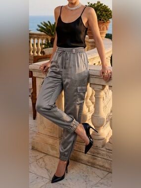 White House Black Market Gray Silky Jogger Pants with Relaxed Fit